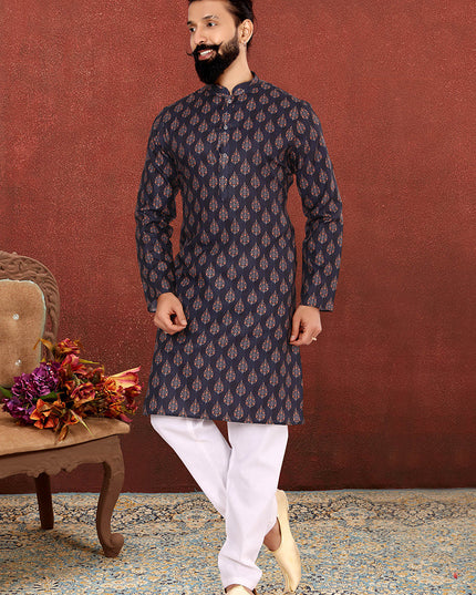 Attractive Midnight Blue Cotton Printed Mens Kurta Set