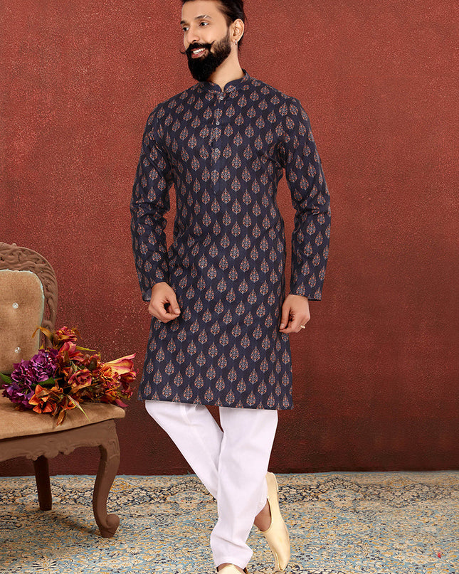 Attractive Midnight Blue Cotton Printed Mens Kurta Set
