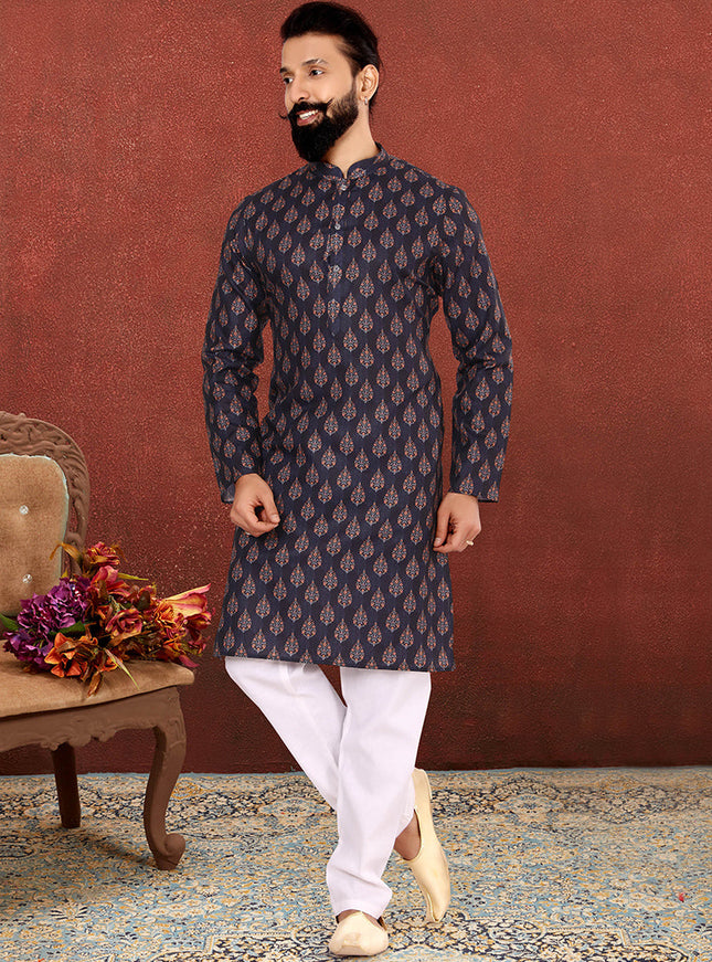 Attractive Midnight Blue Cotton Printed Mens Kurta Set