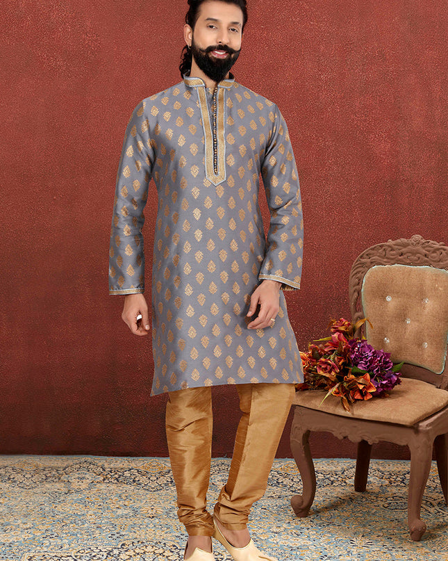 Striking Stone Grey Jacquard Silk Mens Kurta Set