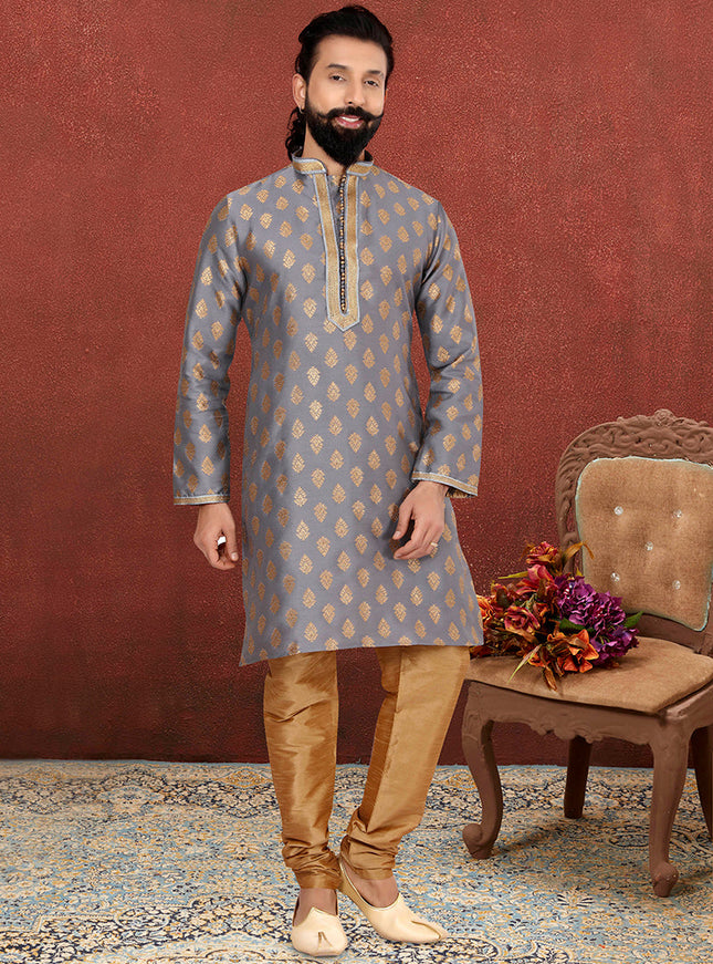 Striking Stone Grey Jacquard Silk Mens Kurta Set