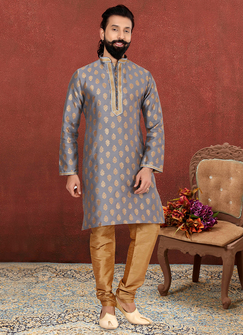 Striking Stone Grey Jacquard Silk Mens Kurta Set