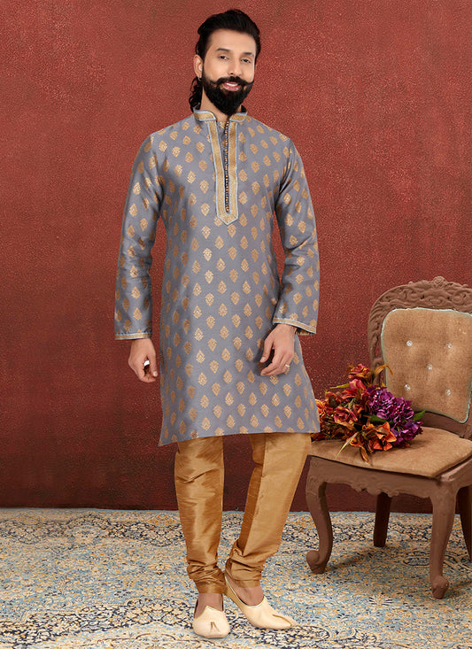 Striking Stone Grey Jacquard Silk Mens Kurta Set