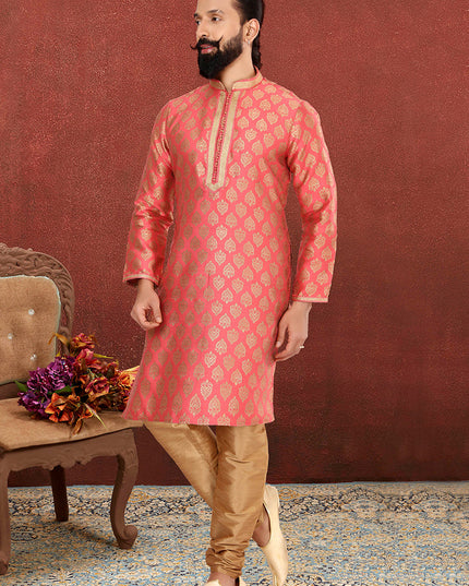 Delightful Salmon Pink Jacquard Silk Mens Kurta Set