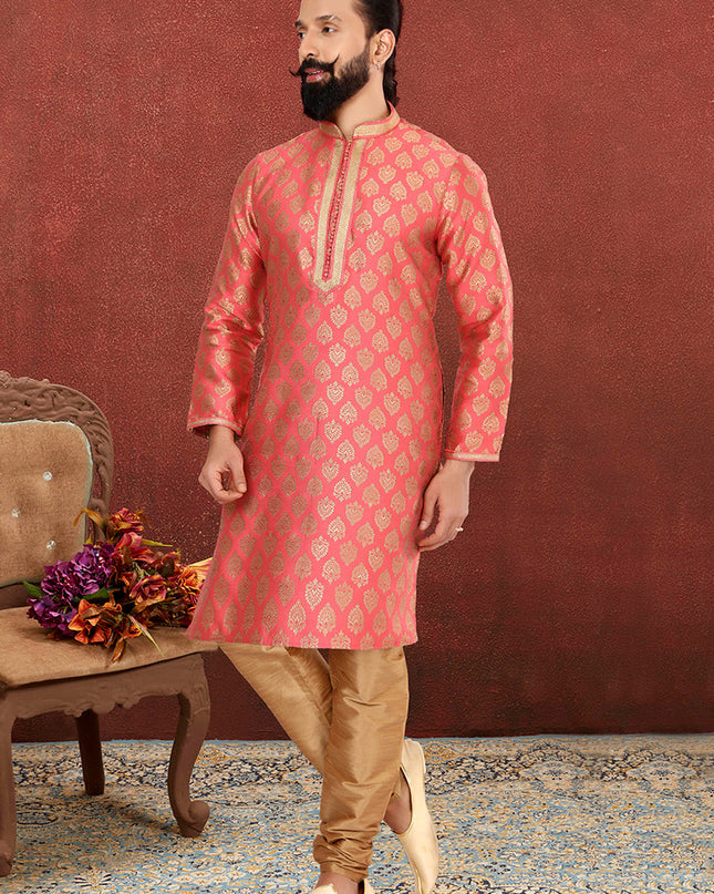Delightful Salmon Pink Jacquard Silk Mens Kurta Set