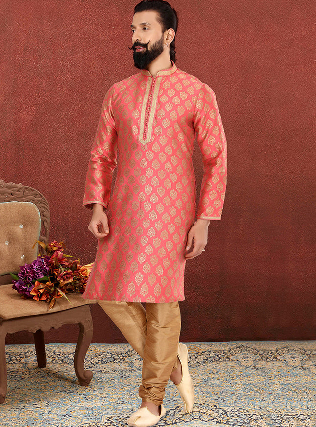 Delightful Salmon Pink Jacquard Silk Mens Kurta Set