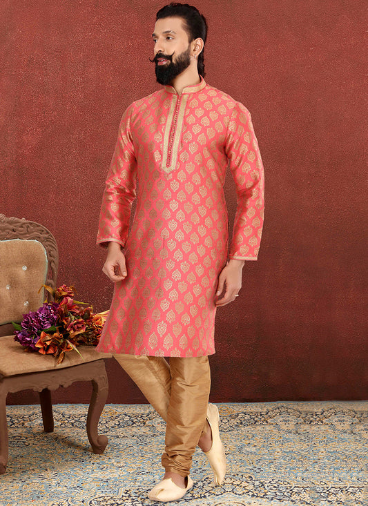 Delightful Salmon Pink Jacquard Silk Mens Kurta Set
