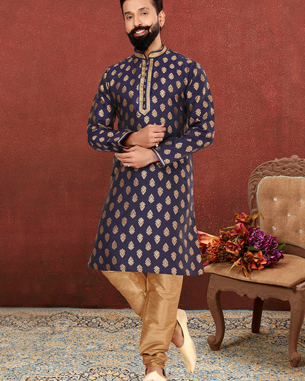 Lovely Navy Blue Jacquard Silk Mens Kurta Set