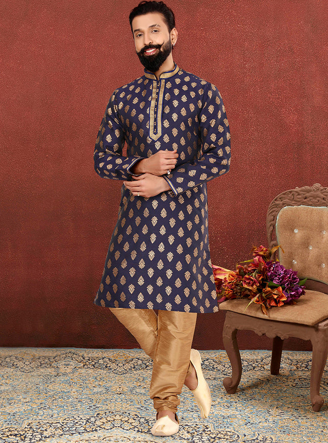 Lovely Navy Blue Jacquard Silk Mens Kurta Set