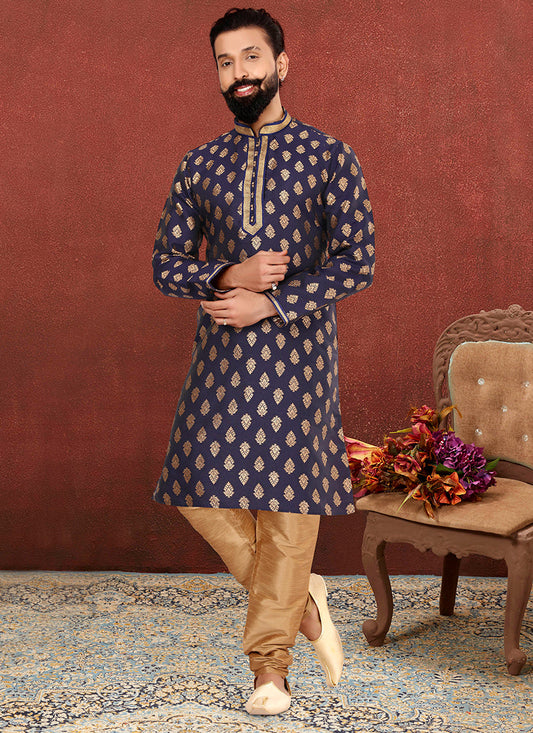 Lovely Navy Blue Jacquard Silk Mens Kurta Set