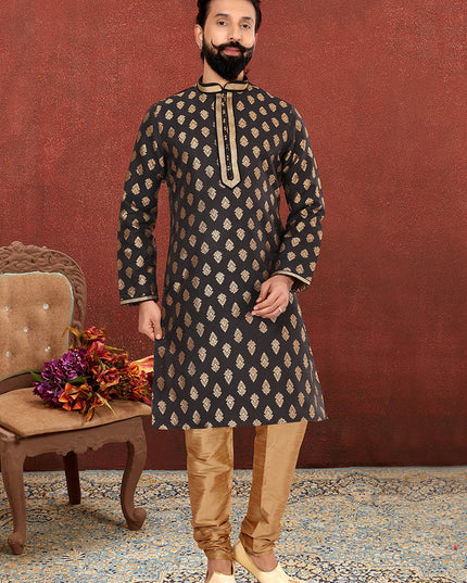 Fashionable Black Jacquard Silk Mens Kurta Set