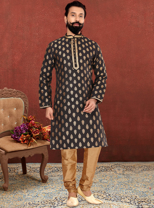 Fashionable Black Jacquard Silk Mens Kurta Set