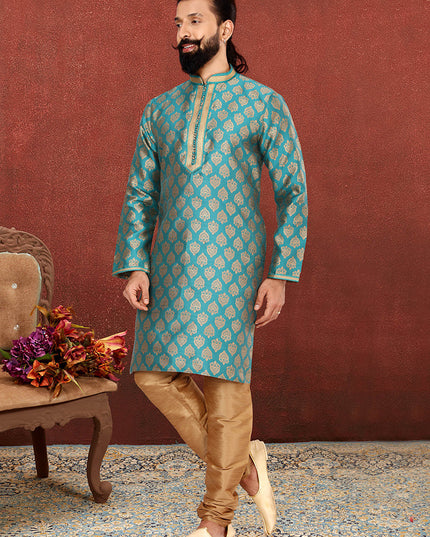 Stunning Rama Green Jacquard Silk Mens Kurta Set