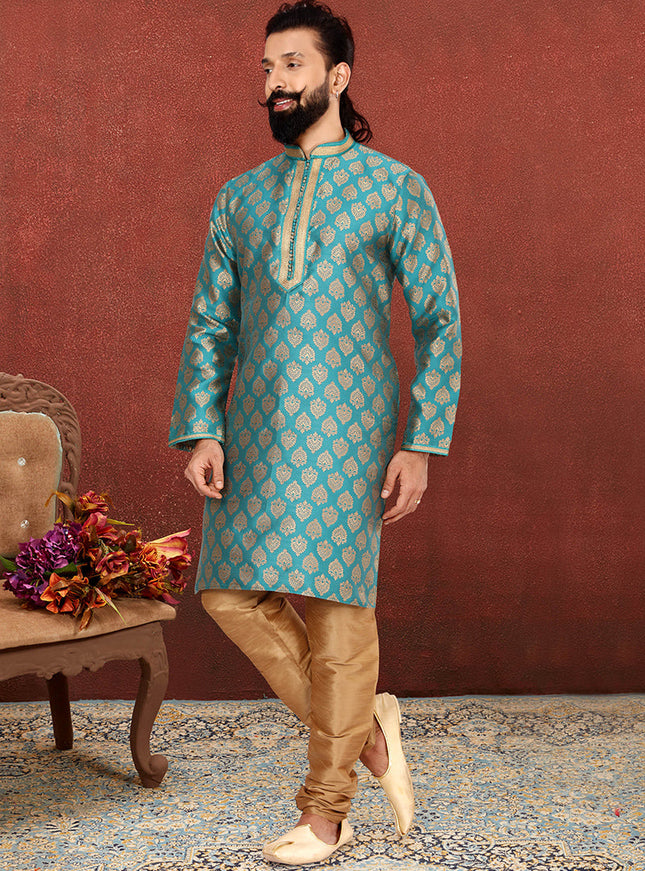 Stunning Rama Green Jacquard Silk Mens Kurta Set