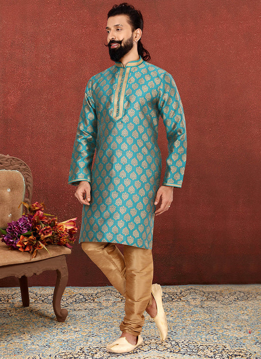 Stunning Rama Green Jacquard Silk Mens Kurta Set
