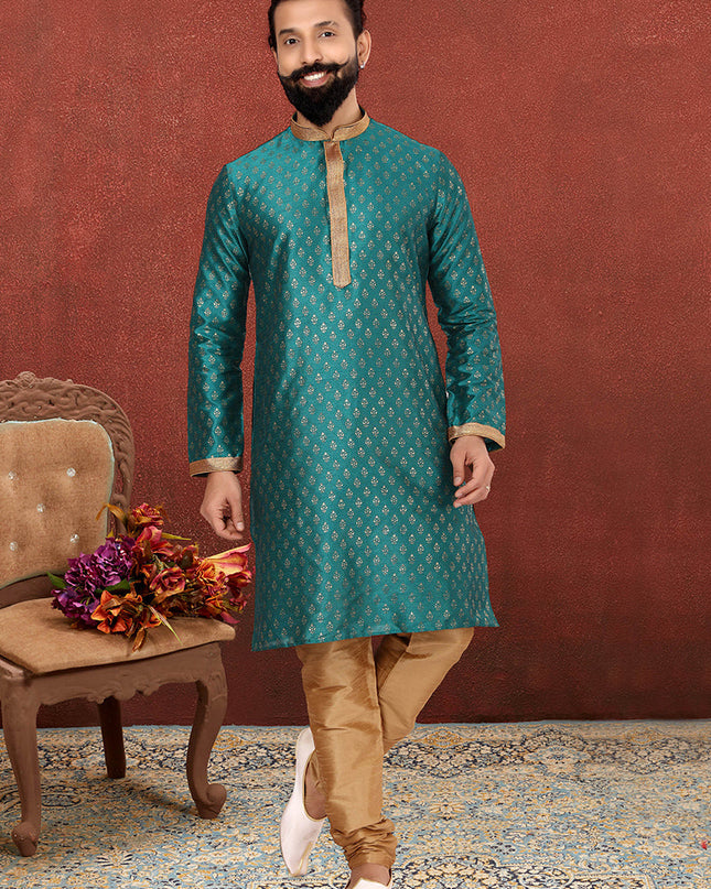 Captivating Peacock Green Banarasi Dhupion Silk Mens Kurta Set
