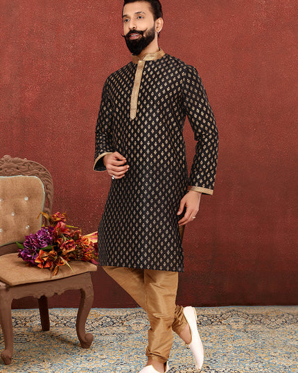 Trendsetting Black Banarasi Dhupion Silk Mens Kurta Set