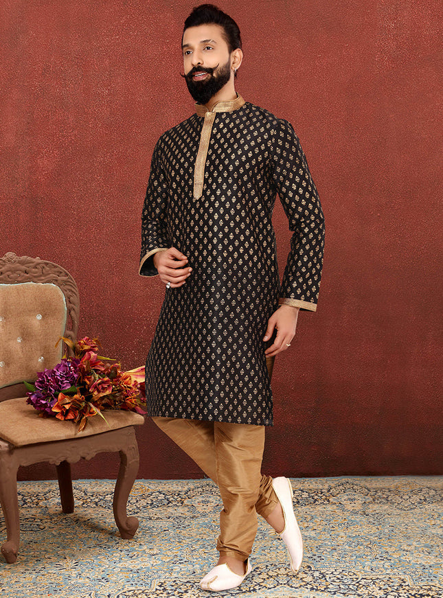 Trendsetting Black Banarasi Dhupion Silk Mens Kurta Set