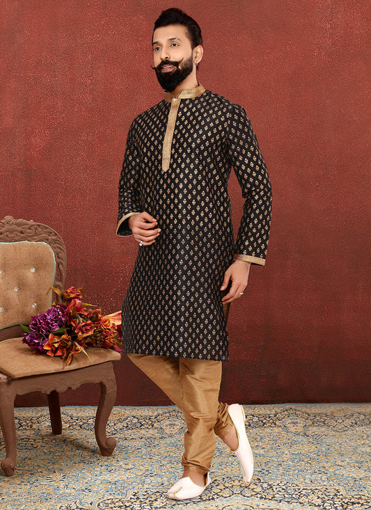 Trendsetting Black Banarasi Dhupion Silk Mens Kurta Set
