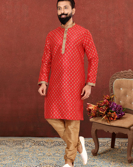 Impeccable Red Banarasi Dhupion Silk Mens Kurta Set