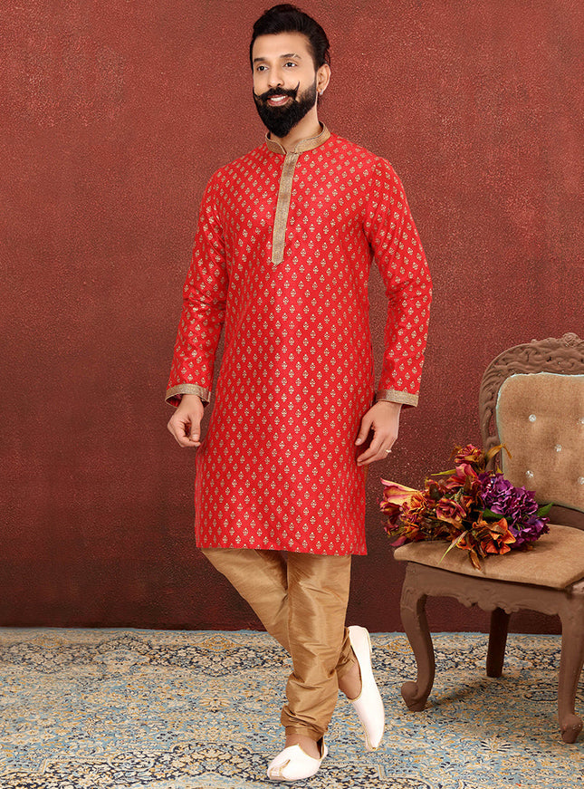 Impeccable Red Banarasi Dhupion Silk Mens Kurta Set