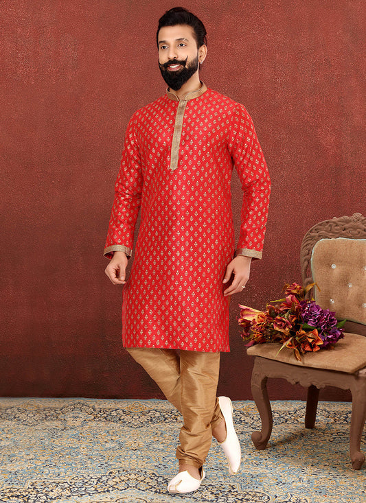 Impeccable Red Banarasi Dhupion Silk Mens Kurta Set