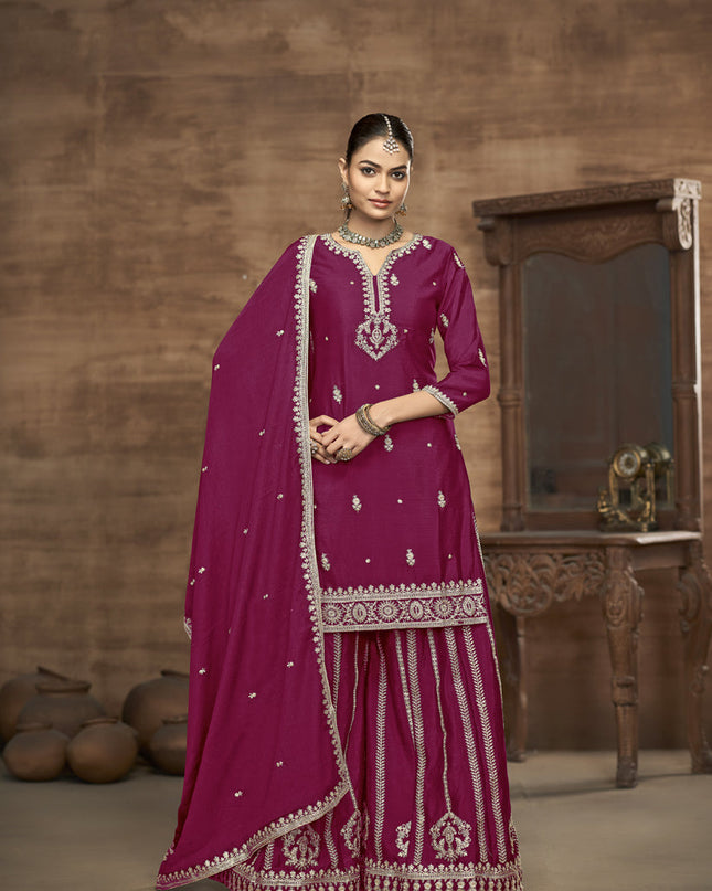 magenta chinnon silk embroidered readymade palazzo kameez