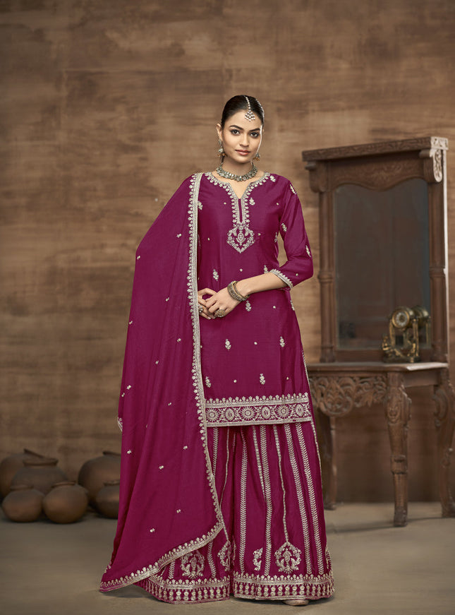 magenta chinnon silk embroidered readymade palazzo kameez