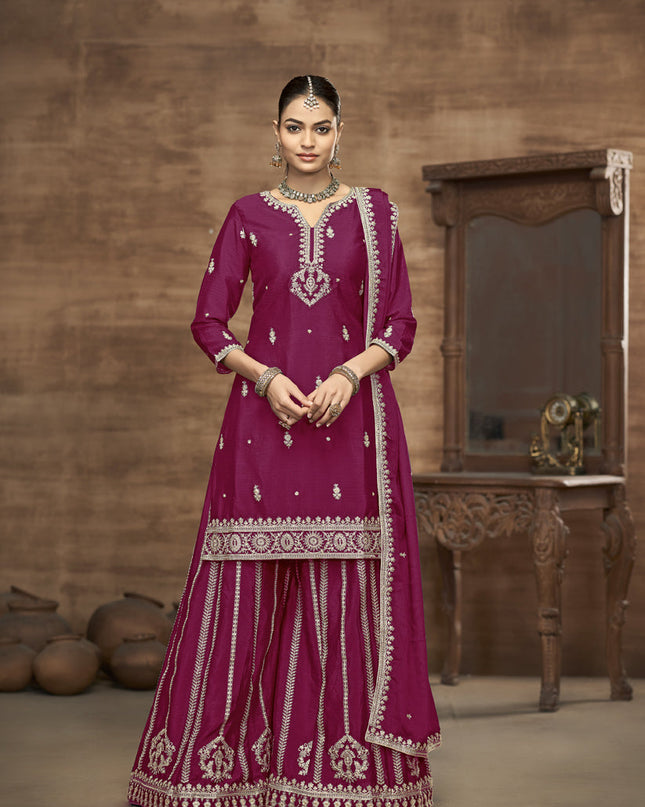 magenta chinnon silk embroidered readymade palazzo kameez