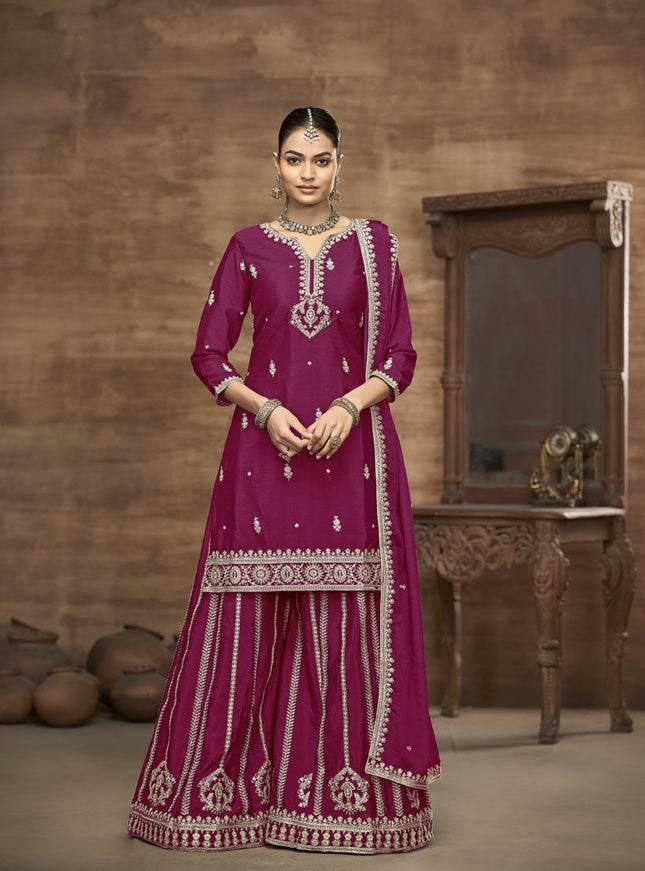 magenta chinnon silk embroidered readymade palazzo kameez