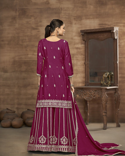 magenta chinnon silk embroidered readymade palazzo kameez