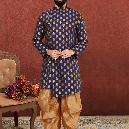 Voguish Navy Blue Jacquard Silk Mens Indo Western