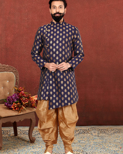 Voguish Navy Blue Jacquard Silk Mens Indo Western