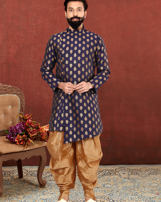 Voguish Navy Blue Jacquard Silk Mens Indo Western