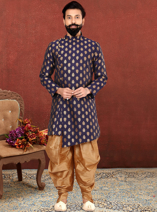 Voguish Navy Blue Jacquard Silk Mens Indo Western