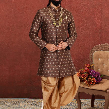 Sophisticated Brown Jacquard Silk Mens Indo Western