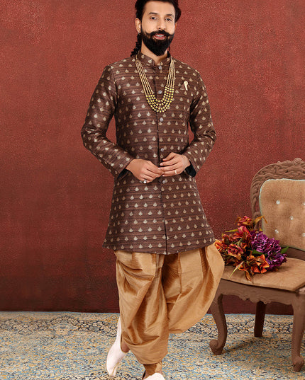 Sophisticated Brown Jacquard Silk Mens Indo Western