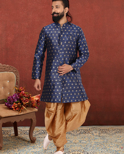 Gorgeous Navy Blue Jacquard Silk Mens Indo Western