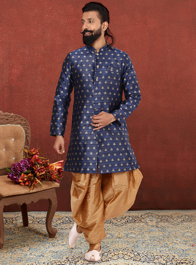 Gorgeous Navy Blue Jacquard Silk Mens Indo Western