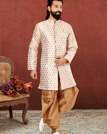 Elegant White Jacquard Silk Mens Indo Western