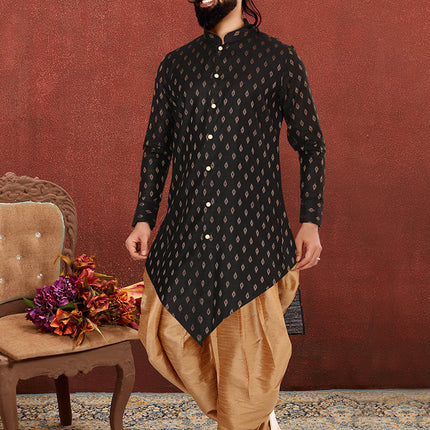 Charming Black Cotton Silk Mens Indo Western