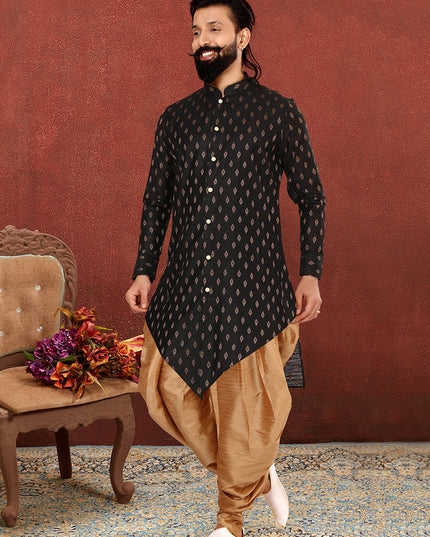 Charming Black Cotton Silk Mens Indo Western