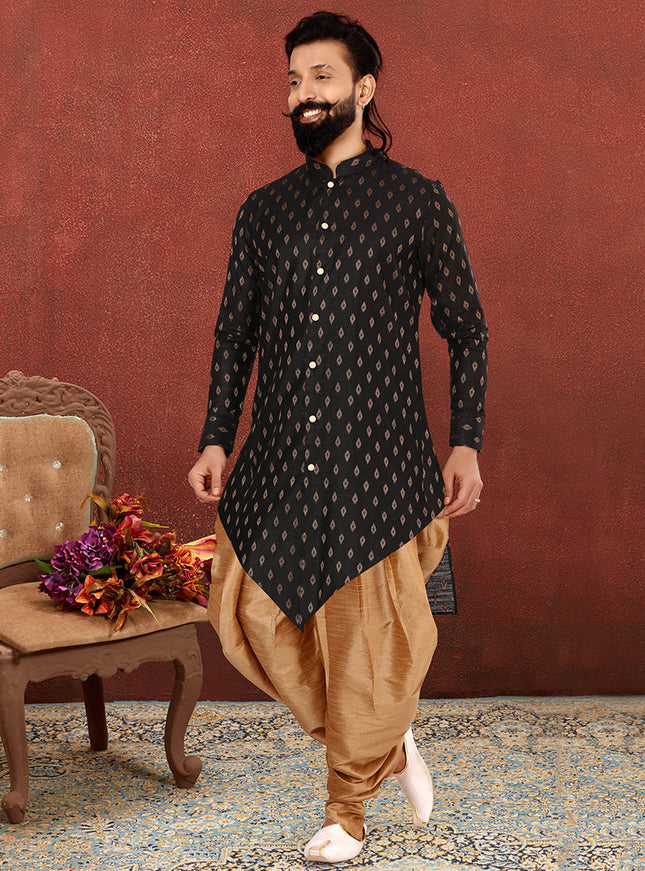 Charming Black Cotton Silk Mens Indo Western