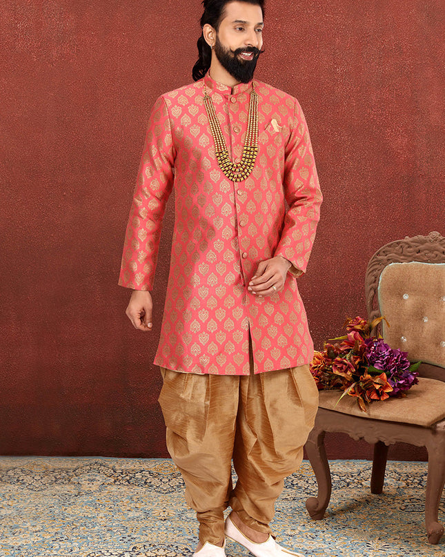 Luxurious Cherry Pink Jacquard Silk Mens Indo Western