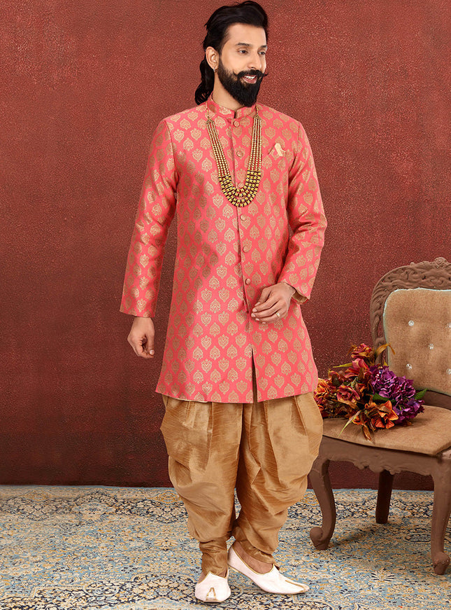 Luxurious Cherry Pink Jacquard Silk Mens Indo Western