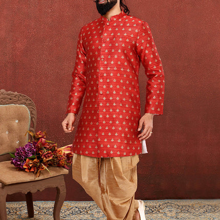 Spectacular Rust Red Jacquard Silk Mens Indo Western