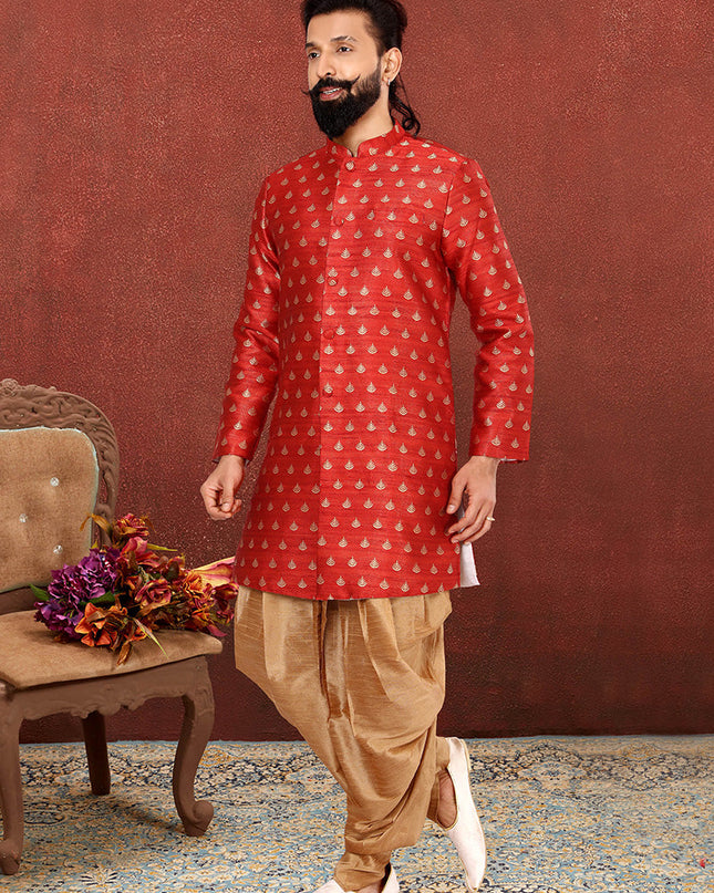 Spectacular Rust Red Jacquard Silk Mens Indo Western