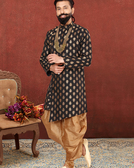 Magnetic Black Jacquard Silk Mens Indo Western