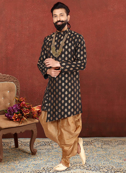 Magnetic Black Jacquard Silk Mens Indo Western