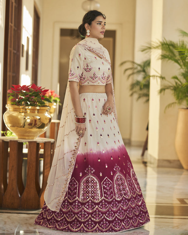 Magnetic Ivory and Maroon Art Silk Embroidered Wedding Lehenga Choli
